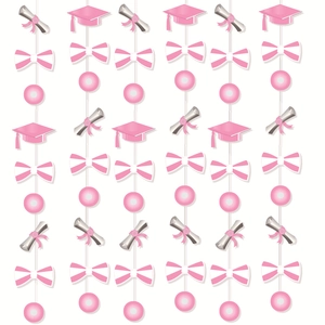 Vertical graduation garlands featuring pink caps, scrolls and striped bows on white string