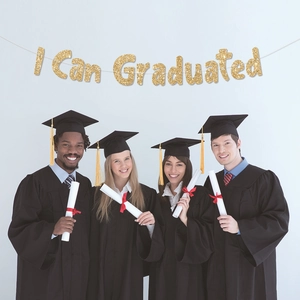 Striscione di laurea dorato glitterato I Can Graduated per decorazione festa a muro