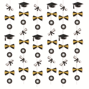 Close-up of graduation hanging banners featuring mortarboard caps and diploma scrolls