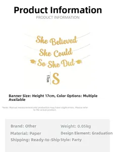 Close-up of golden glittery graduation banner with height measurement and product specs