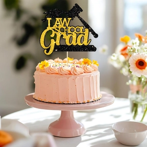 Law School Grad cake topper with black and gold glitter finish for graduation parties