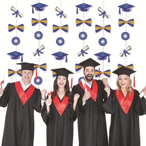 Blue graduation party hanging swirls set with doctorate caps and diploma decorations