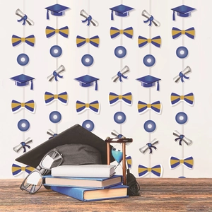 Graduation party banner with blue mortarboard and diploma scrolls for backdrop decoration