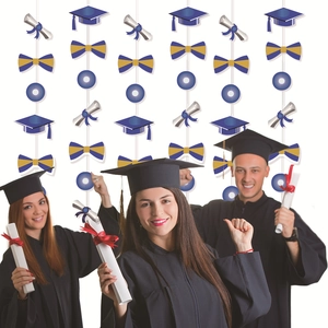 Graduation party banner with blue caps and scrolls, featuring smiling graduates in background
