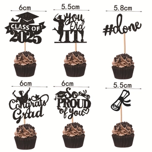 12-piece graduation cake topper set with Class of 2025 glitter black cardstock designs