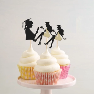 Graduation Cake Topper Female Graduate Silhouette Black Paper Wooden Stick Elegant Party Dessert Decor