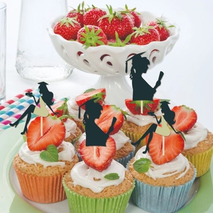 12-piece graduation season cake toppers featuring black silhouettes of graduates and caps