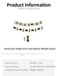 Detail view of black and gold Congrats Grad banner with 16cm height specifications