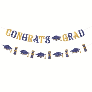 Detail of blue and gold Congrats Grad banner with glitter graduation cap and diploma