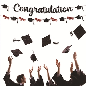 Glittering black Congratulation banner with graduation cap and diploma scroll garlands
