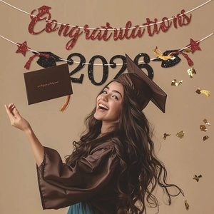 2026 graduation party decoration set with red glitter congratulations banner and black stars