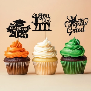 Black Glitter Graduation Cake Toppers Class Of Congrats Grad Diploma Cap Cupcake Picks For Party Decorations Graduation Decor