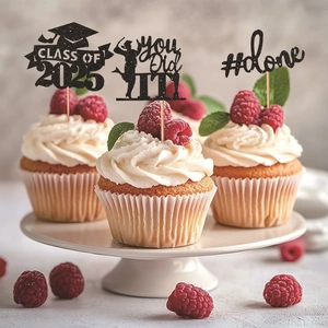 Class of 2025 graduation cupcake toppers set with black glitter paper on berry cupcakes