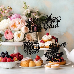 Black glitter graduation cake toppers set for Class of 2025 party dessert decoration
