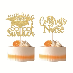 Décoration de gâteau dorée à paillettes pour remise diplôme infirmier 2025 avec symboles