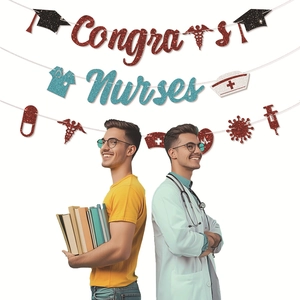 Congrats Nurses glitter banner set with medical icons for graduation party decor