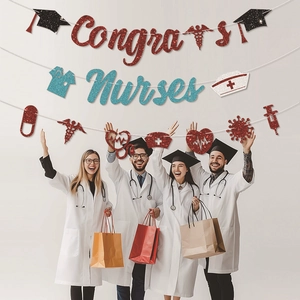 Nurse graduation banner with glittery Congrats Nurses sign and medical theme decorations