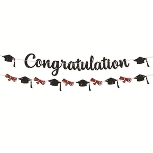 Graduation Banner Congratulation Black Glitter Paper Hanging Bunting Doctoral Cap Scroll Party Celebration Decoration