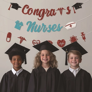 Nurse graduation banner set with glitter Congrats Nurses flags and medical icons decor