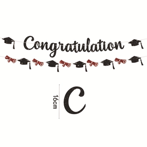 Glittery black graduation banner with Congrats text and diploma icons 16cm height