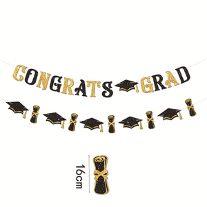 Congrats Grad banner with gold glitter letters and black mortarboard cap for graduation party