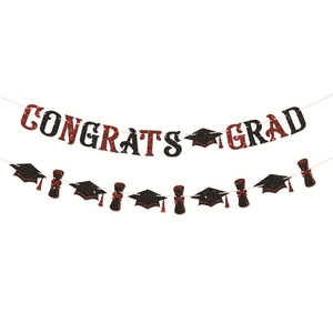 Sparkly red and black Congrats Grad banner with graduation cap and diploma motifs