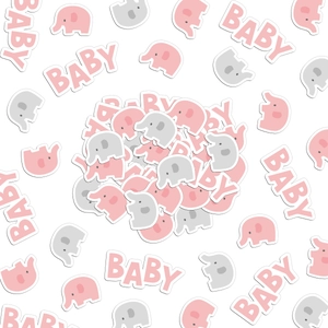 Pink and grey baby shower elephant confetti and BABY lettering party table decor