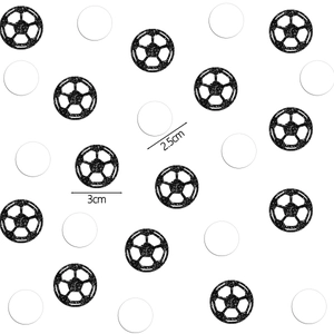 Football party confetti set featuring 3cm soccer shapes and 2.5cm white round sequins