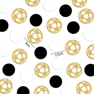 Football party confetti set with gold glitter soccer shapes and black white round circles