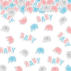 Confettis de baby shower avec éléphants bleu rose gris et lettres BABY décoratives