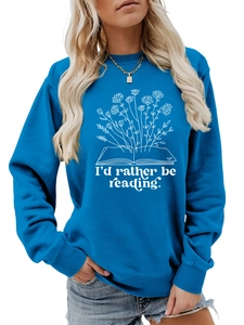 Detail of blue crewneck sweatshirt with 'I'd rather be reading' floral book print