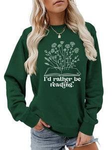 Detail of dark green crewneck sweatshirt with 'I'd rather be reading' floral print