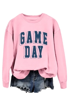 Close-up of Game Day 3D shadow lettering on pink cotton blend long sleeve sweatshirt