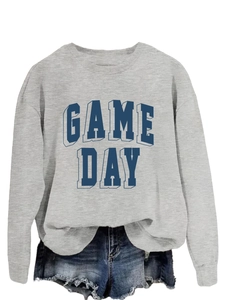 Detail of blue GAME DAY 3D typography on grey crewneck long sleeve sweatshirt