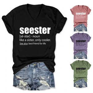 Detailed grid showing four colors of women's V-neck seester slogan short sleeve T-shirts