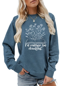 Detail of floral book print and 'I'd rather be reading' text on blue sweatshirt