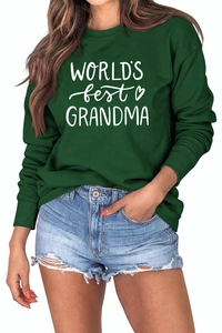 Detail showing high-quality print text and cotton texture of dark green sweatshirt
