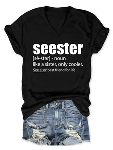 Detailed flat lay of black V-neck cotton T-shirt with white seester dictionary print