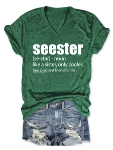 Detail of dark green heathered V-neck T-shirt with white seester definition print