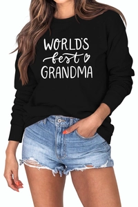 Detailed view of World's Best Grandma print on casual black crewneck sweatshirt for women