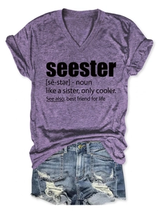 Detail of purple heather V-neck T-shirt with black seester text print and denim shorts