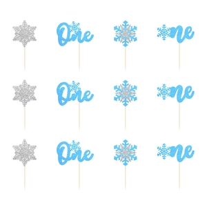 Lot de 12 décorations de gâteau flocon de neige à paillettes bleu et argent pour bébé