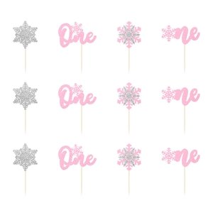 Décorations de gâteau flocons argentés et 'One' rose pailleté pour premier anniversaire