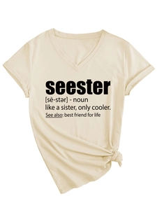 Detail of V-neck beige t-shirt with side knot and black seester dictionary print