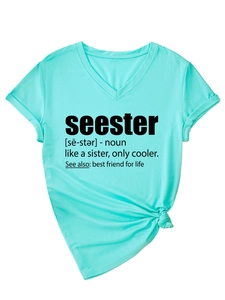 Detail view of mint green V-neck T-shirt with black letter print and side knot design