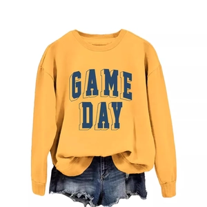 Yellow Game Day letter print crewneck sweatshirt for women with ribbed cuffs and hem
