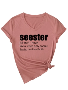 Detail of V-neck short sleeve T-shirt featuring seester print and side knot design