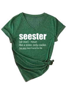 Detailed view of women V-neck short sleeve tee in dark green with seester print