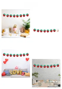 Strawberry party banner decorations for birthday celebrations in various home scenes
