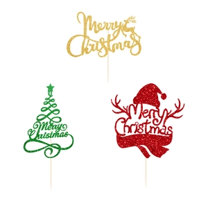 Set da 9 topper per torta Merry Christmas glitterati con alberi e renne natalizie